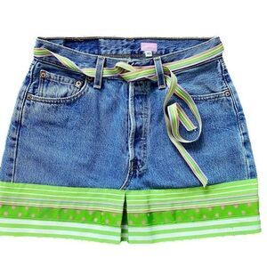 Molly B Denim Design Jean Skirt - XS denim /green taffeta ribbon detail …